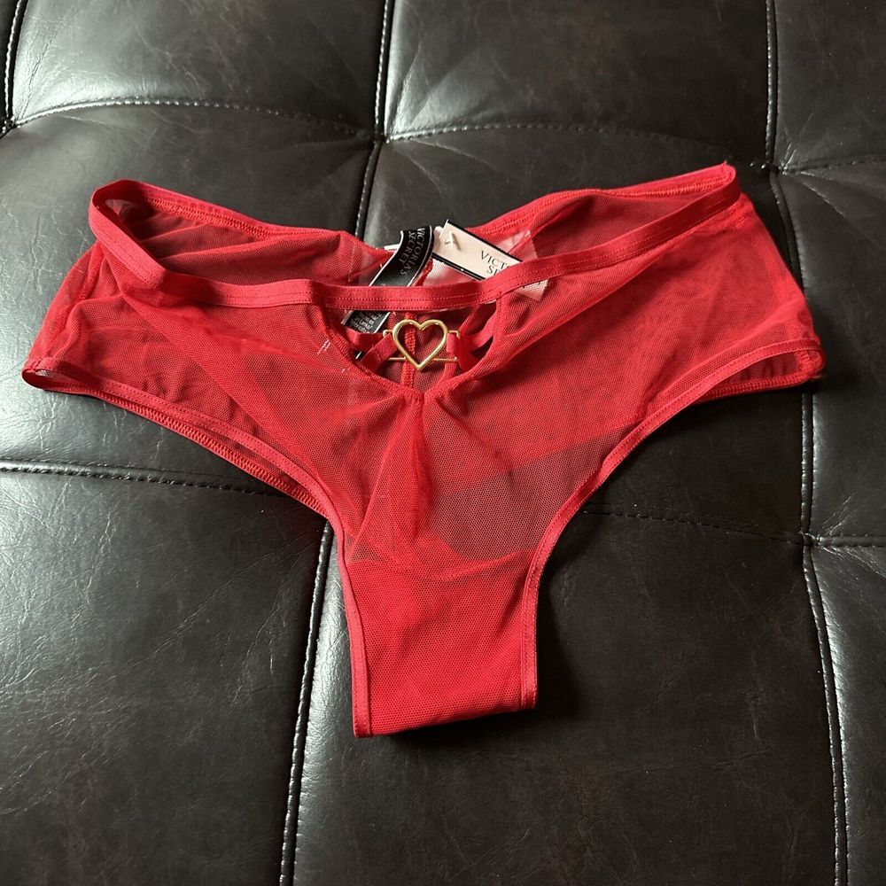 Victorias Secret Red Lace Sheer Mesh Cheeky Panty Gold Heart Charm Sz Medium NWT